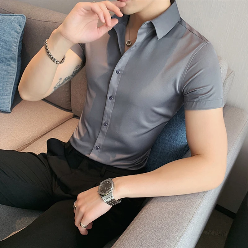 Рубашка мужская с коротким рукавом деловая Повседневная приталенная на