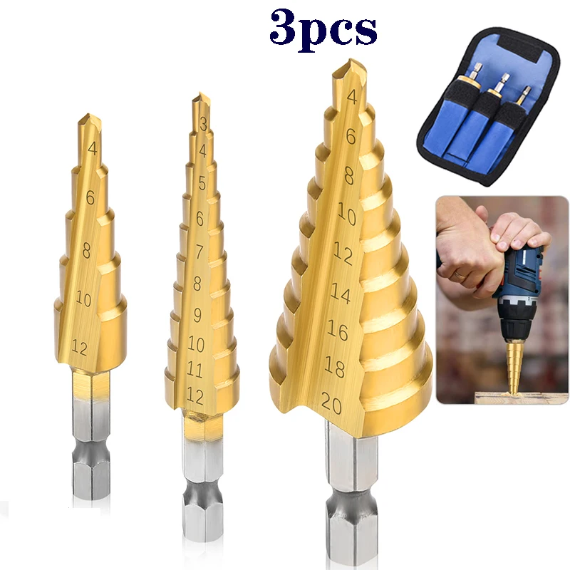 3 Pieces/set of Step Drill Bit Kit 3-12, 4-12, 4-20 Mm High Speed Steel Titanium Coated Wooden Metal Hole Opener Power Tool Set