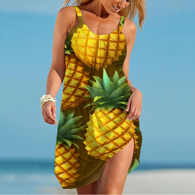 

Summer new ladies suspender dress pineapple 3D printed lady camisole dress fashion trendy casual ladies suspender dress