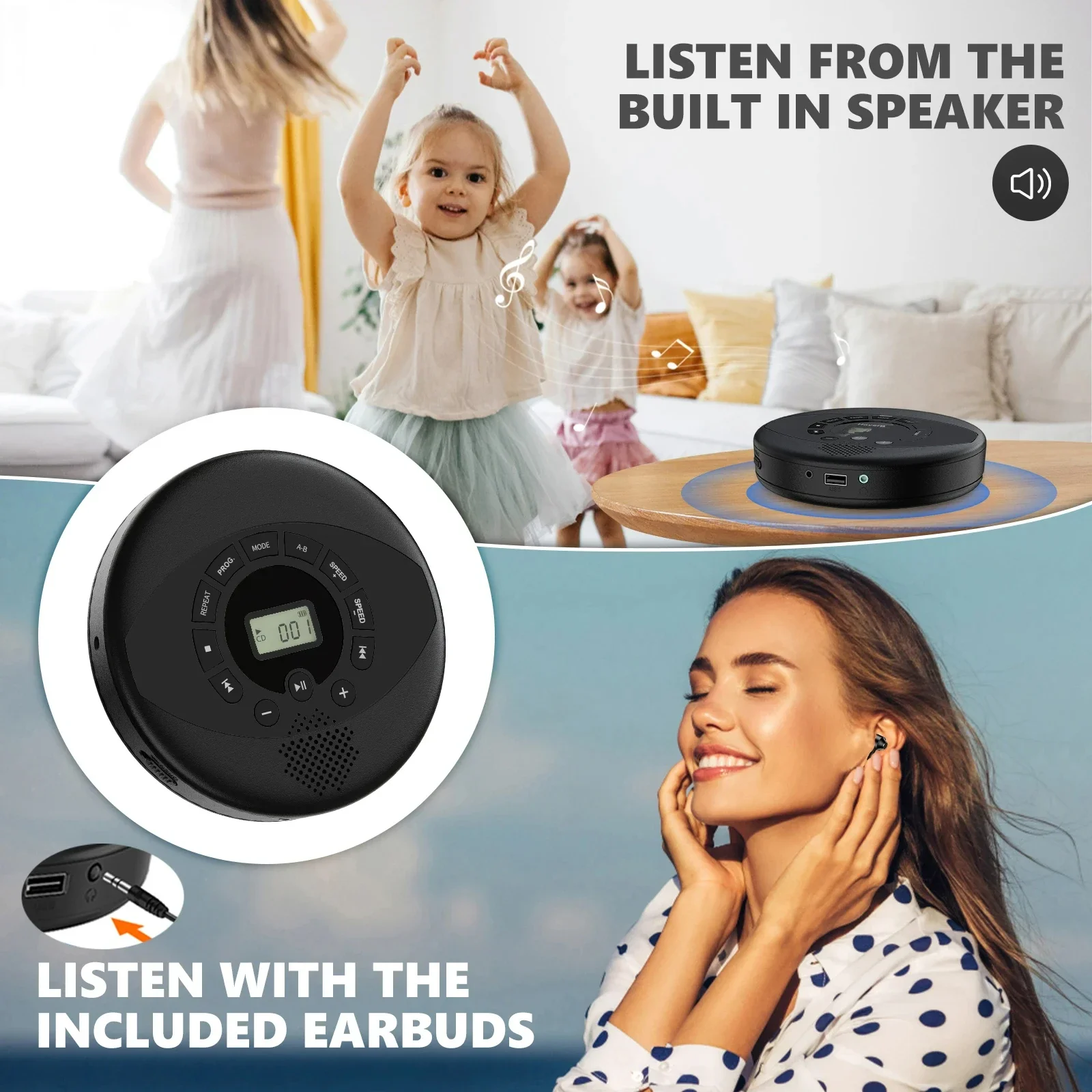 Фото Цифровой CD-плеер HY с Bluetooth, портативный проигрыватель CD/Discman со встроенными динамиками, перезаряжаемый музыкальный проигрыватель с портами USB/AUX/для наушников №4