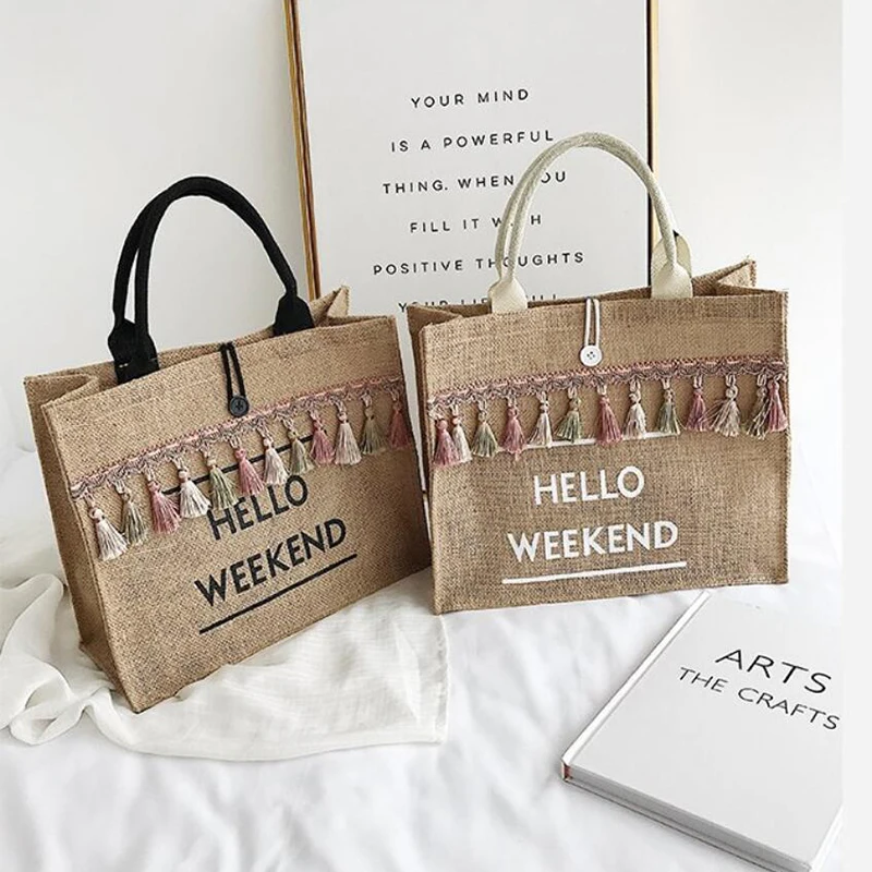 

Women Summer Beach Bags Handbags Large Capacity Lady Tassel Shoulder Bag Big Letter Linen Totes Casual Girls Travel Shopping Bag