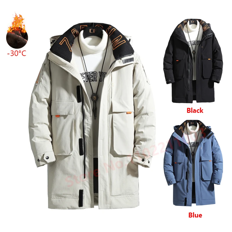 -30 Degrees Winter New Down Jacket Thick Coat Men's Hooded Warm Mid-Length Parka White Duck Down Fashion Men Winter Down Jackets