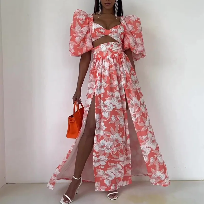 

Wepbel Women's Suit Summer Sexy Dress Sets Short Puff Sleeve Tube Top High Waist Slit Skirt Suit Two Piece Set Crop Top Skirts