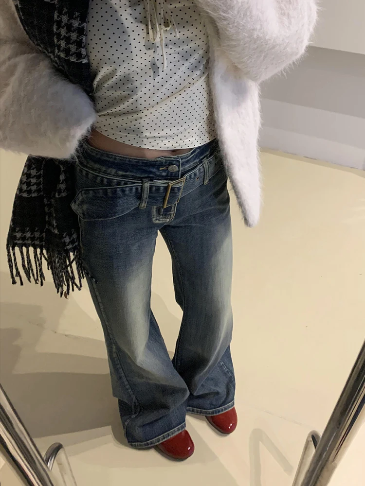 Женские расклешенные джинсы с поясом REDDACHiC винтажные стираемые широкие брюки