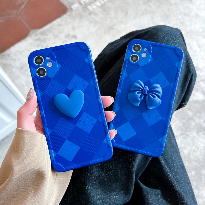 

Fashion Klein Blue 3D love heart flowers Phone Case for iPhone 11 12 13 mini pro XS MAX 8 7 Plus X XR Cover