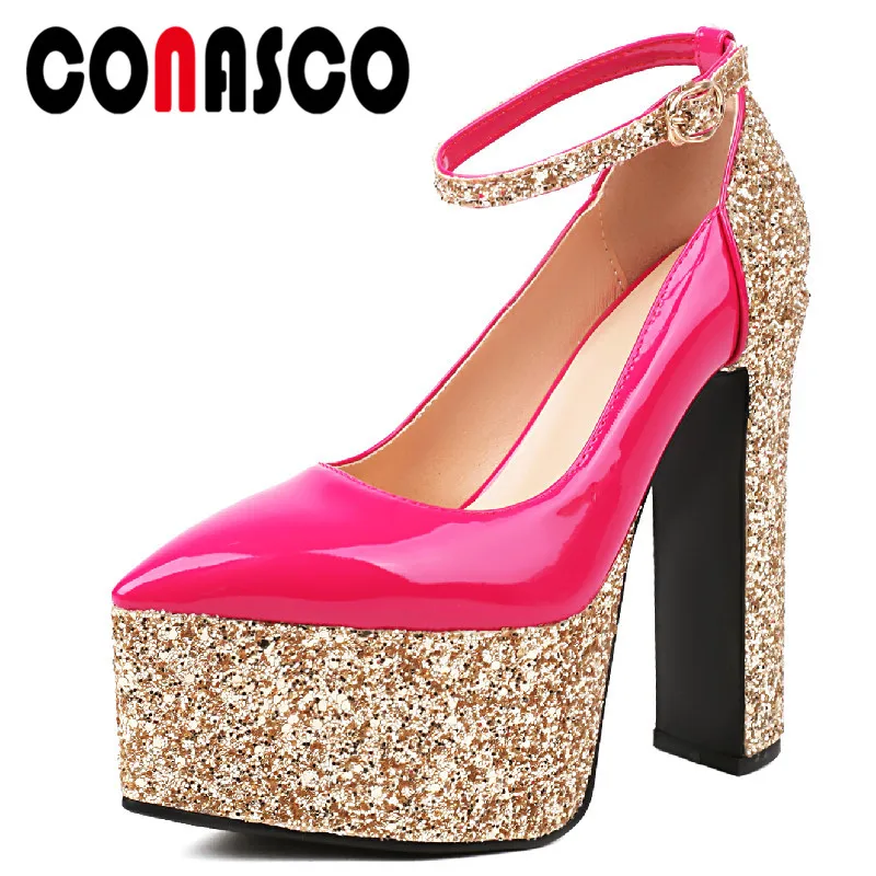 

CONASCO Sexy Women Pumps Spring Summer Party Wedding Prom Night Club Pointed Toe Platforms High Heels Ankle Strap Shoes Woman