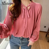 korean style women shirt blouse solid white watermelon red lace up bow knot all match pleated loose chiffon shirt long sleeve