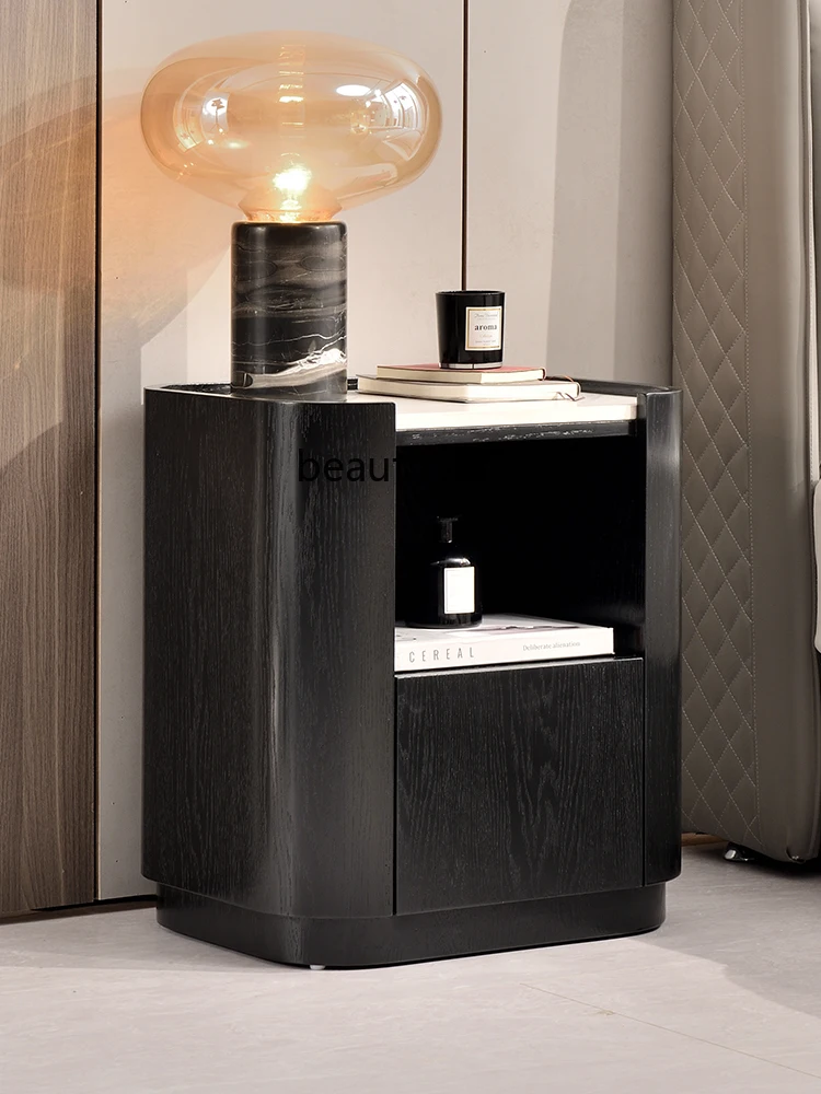 

GY High-End Stone Plate Bedside Table Modern Minimalist Bedroom Italian Light Luxury Black Oak Storage Bed Side Cabinet