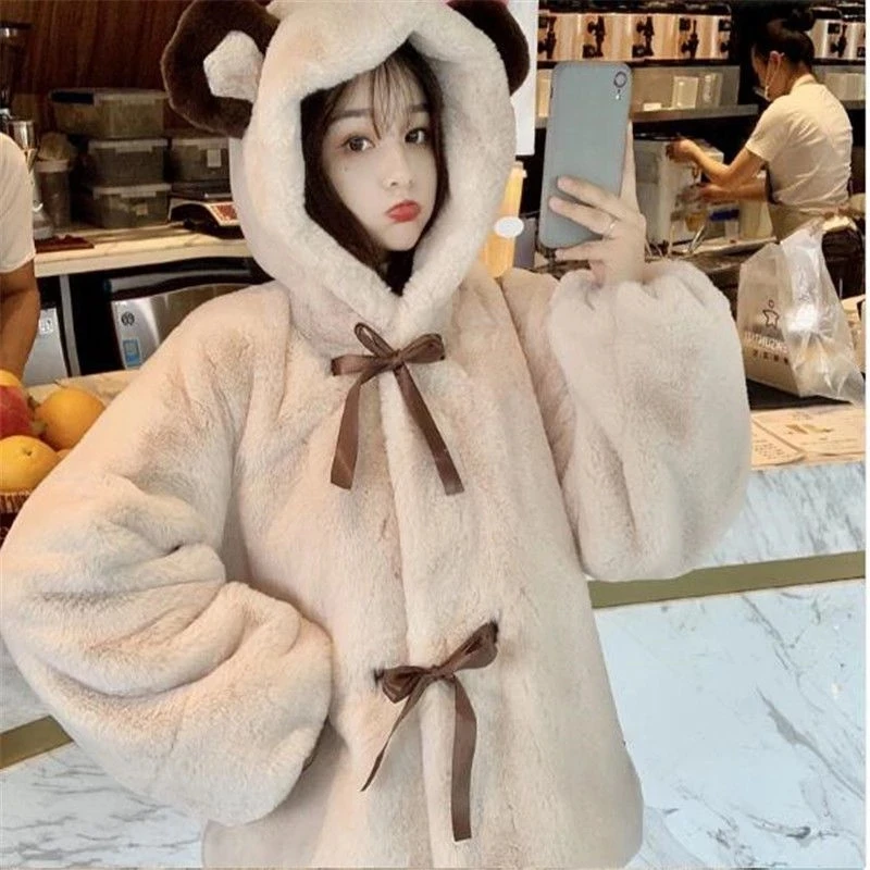 Women Japanese Korean Cute Lolita Faux Rabbit Fur Coats Winter Students Hooded Warm Kawaii Fur Jacket Furry Sweet Cotton Coat