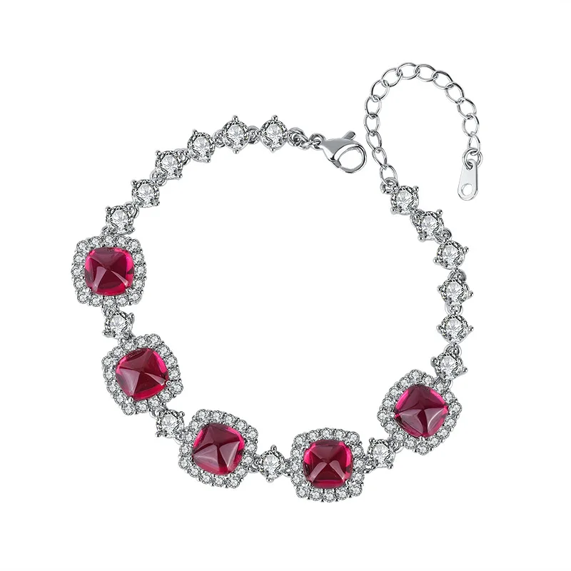 

New S925 Sterling Silver Colored Gemstone Saccharin Jewelry Women Chain&Bracelet Main Stone 8*8mm Red Gem Bracelet