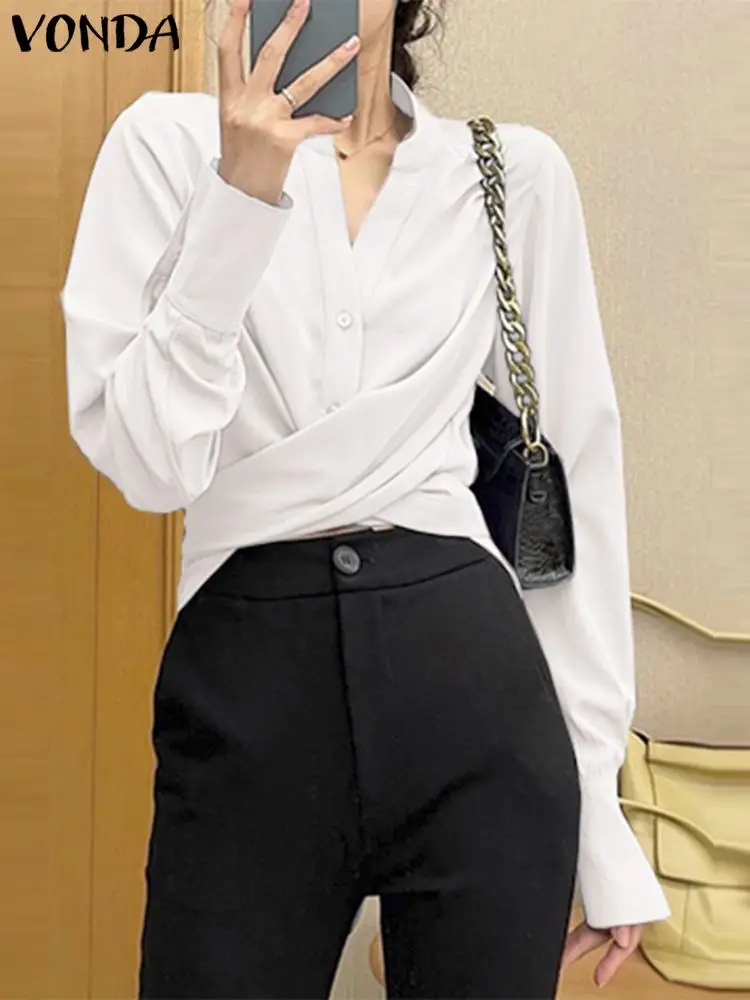 

VONDA Elegant Aymmetrical Tops Women Autumn Shirts 2023 Casual Short Front Pleated Back Long Blouse Solid Color Bandage Blusas