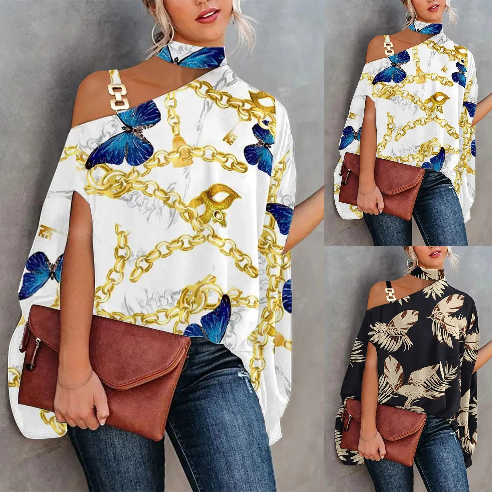 

Sxey Halter Metal Sling Women Blouse Off Shoulder Harajuku Print Ladies Office Causal Shirts Elegant Long Sleeve Blouse Female