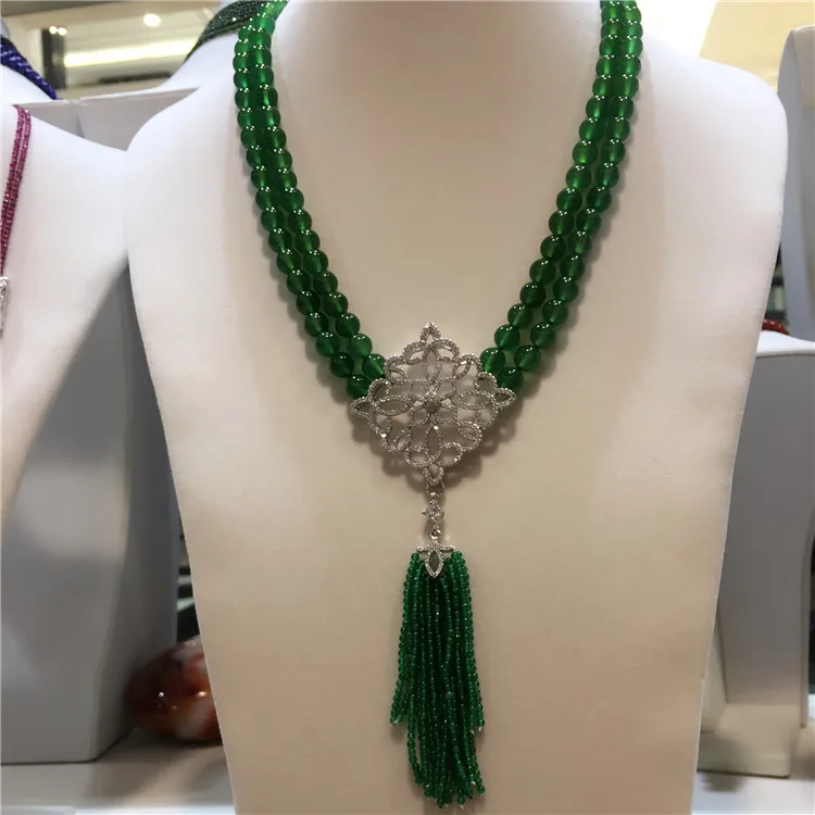 

New style 2rows green stone tassel necklace micro inlay zircon accessories clasp fashion jewelry