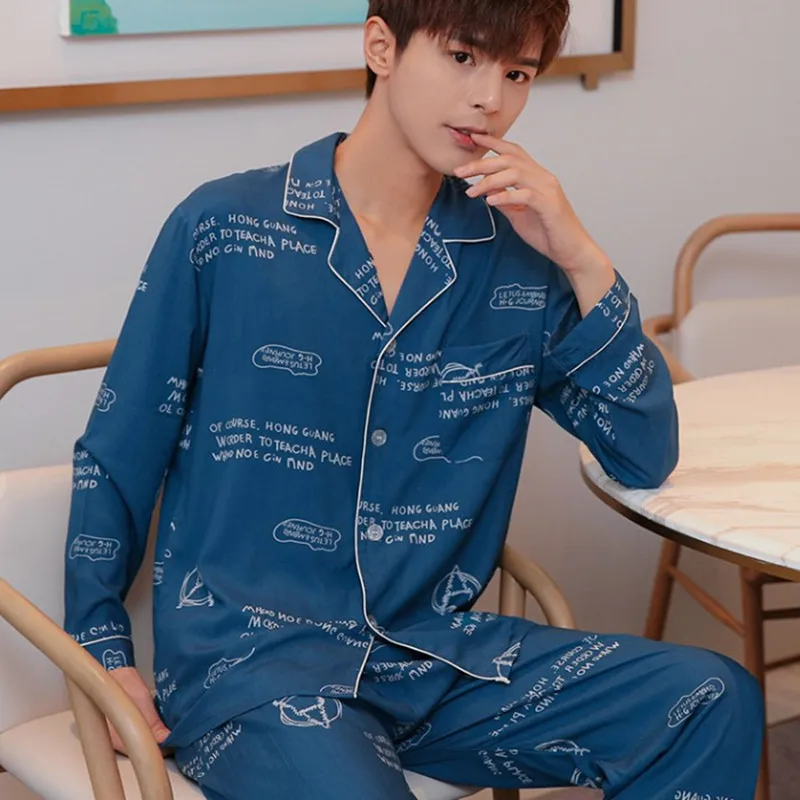 Pajamas for Men Spring and Autumn Long sleeve Cotton silk Nightdress set