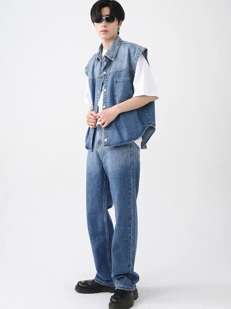 

Мужской джинсовый жилет без рукавов, брюки с широкими штанинами и отложным воротником, в винтажном стиле контрастных цветов, 2A6022, одежда для осени, 2023