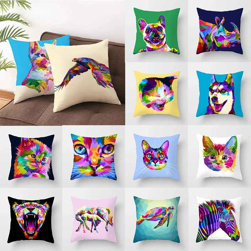 

45*45CM Colorful Zebra Cat Printed Cushion Cover Cute Giraffe Dog Pillowcase Printed Linen Pillowcase Home Decor Pillowcase 2022