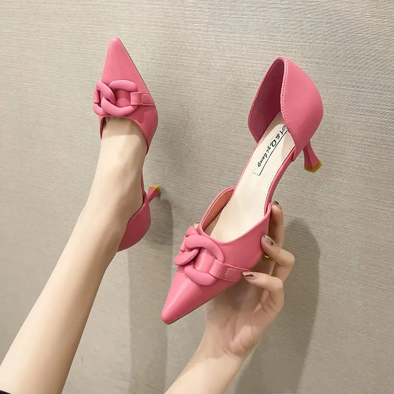 

2022 Women Shoes Luxury Pumps Pointed Toe Chain Pink Office Dress Shoes Summer Thin High Heels Elegant OL Working Shoes