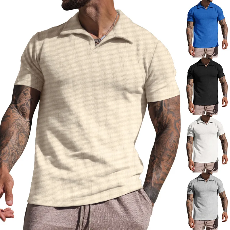 

Mens T Shirt Summer Lapel T-shirt Men Waffle Loose Short Sleeve Solid Casual V-neck Mens Polo Shirt