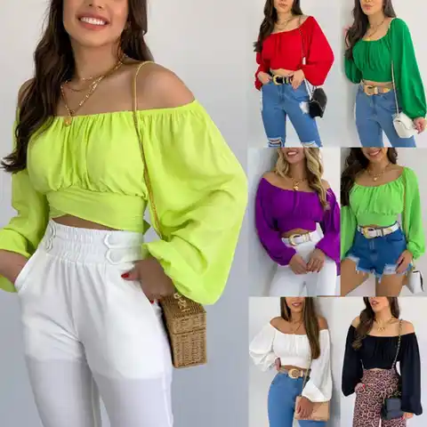 Women Long Sleeve T-shirt Tops Elastic Collar Solid Color Loose Women Blouse Off Shoulder Lantern Sleeve Pullover Top Club Wear 