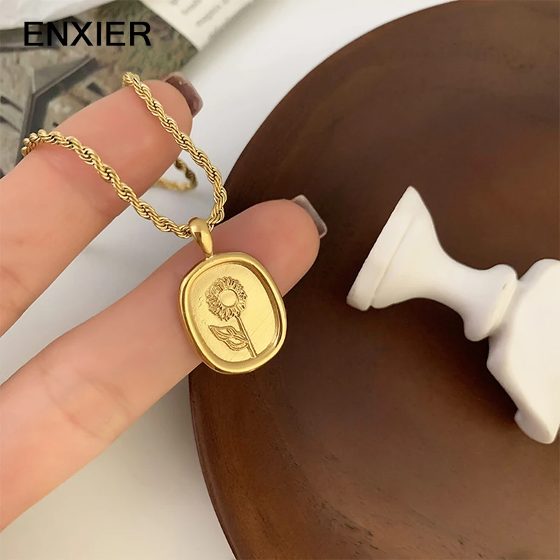 

ENXIER Simple Luxury Flower Relief Oval Pendent Necklace 316L Stainless Steel Gold Color Necklace For Women Party Female Jewelry