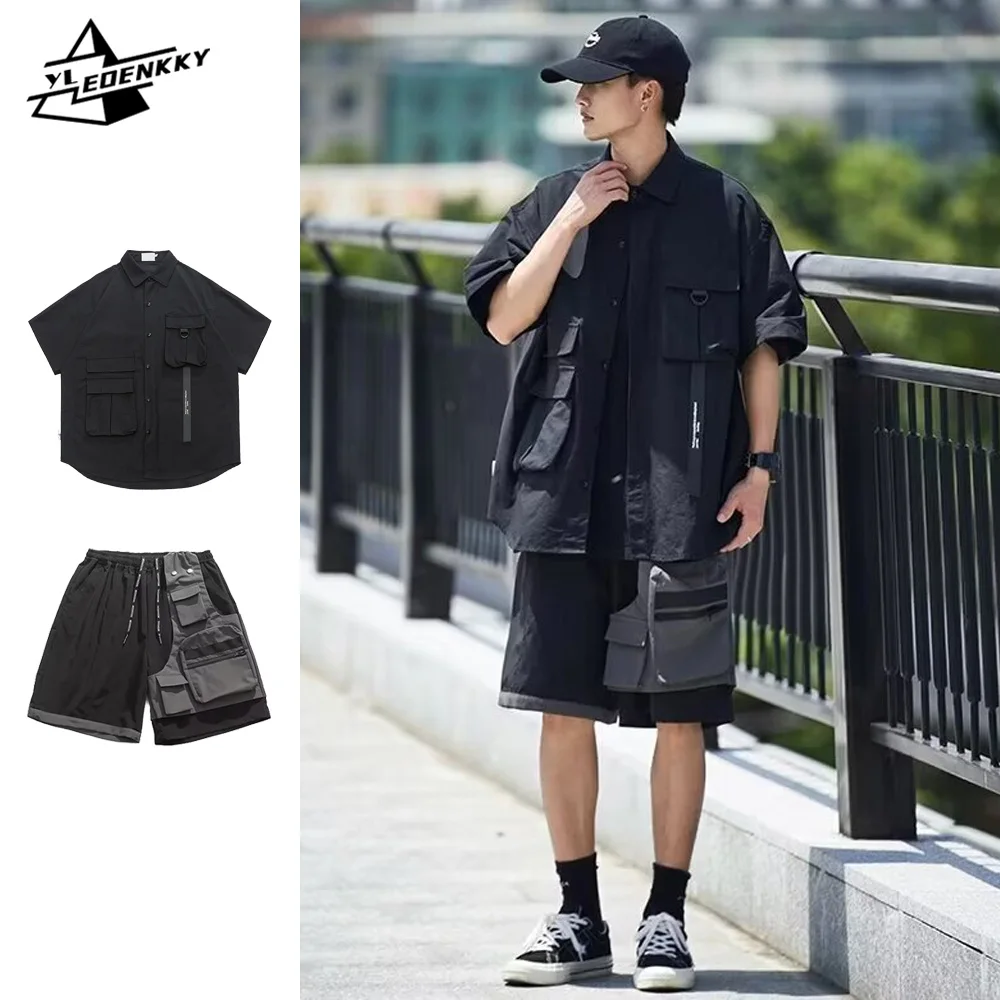 Летний комплект-карго Уличная Повседневная рубашка с лацканами и короткими