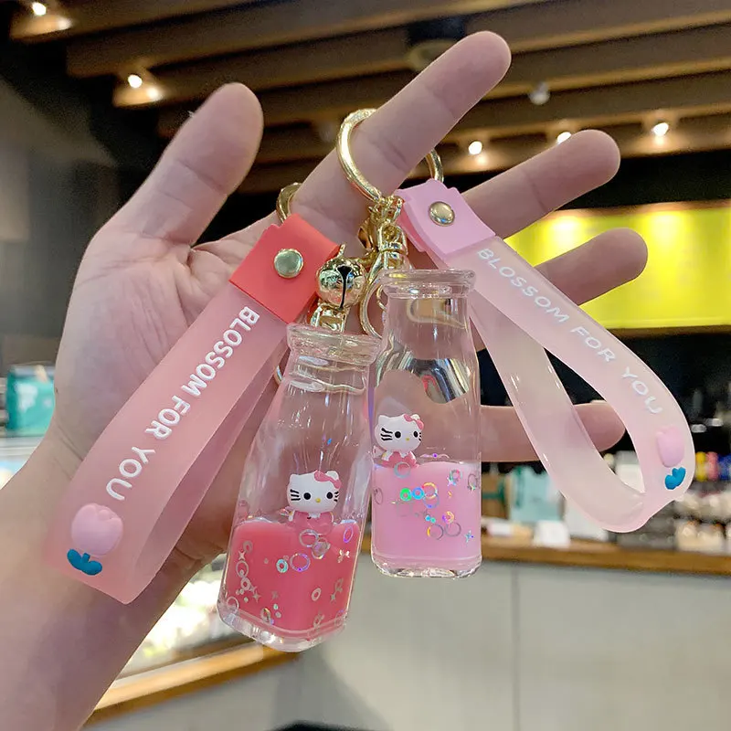 

Kawaii Hellokitty Keychain Sanrio Quicksand Keychain Acrylic Key Pendant Into The Oil Floating Bottle Pendant Keychain