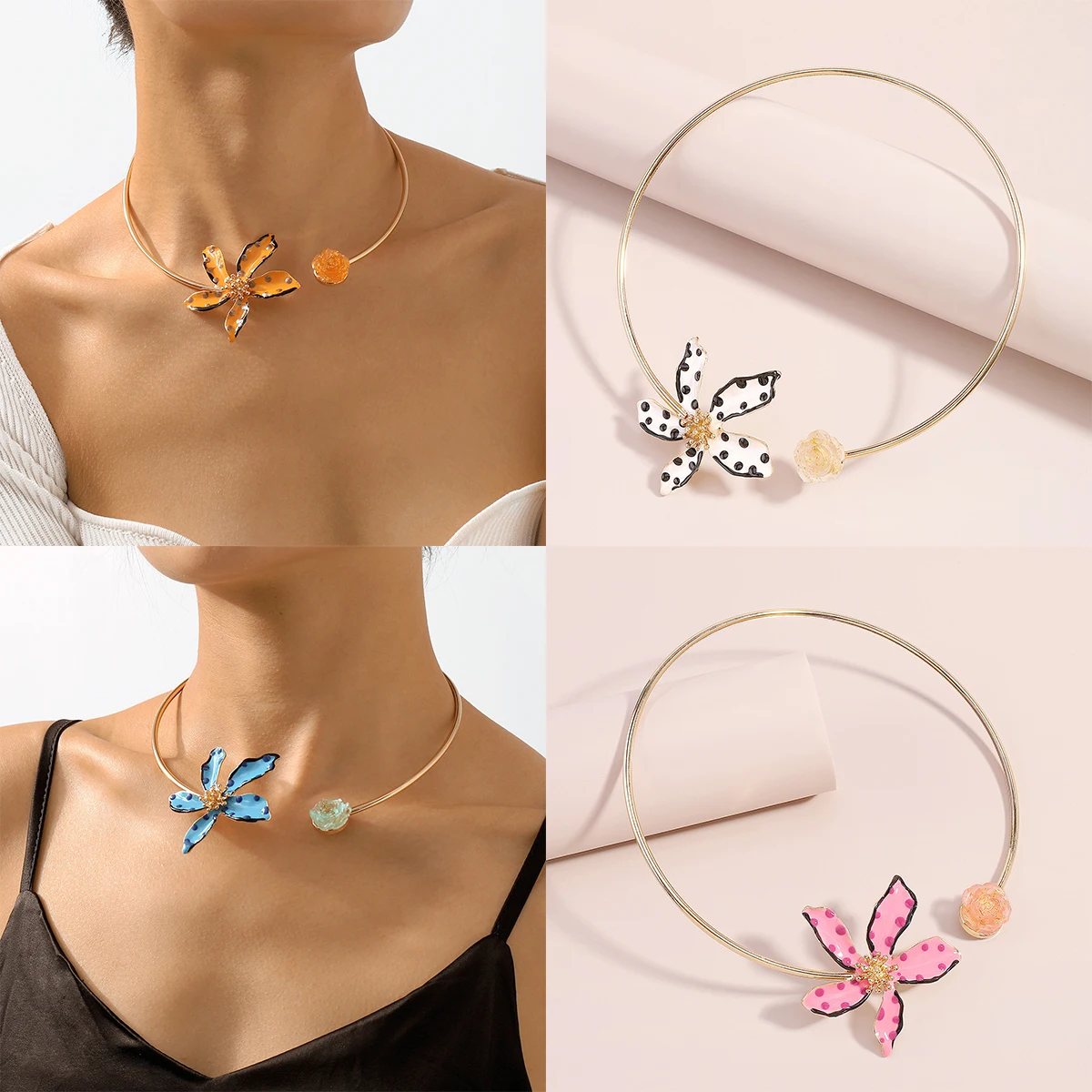 

Bohemia Colorful Flowers Gold Exaggerated Collar Necklace for Women Boho Choker Fashion Statement Necklace Collier