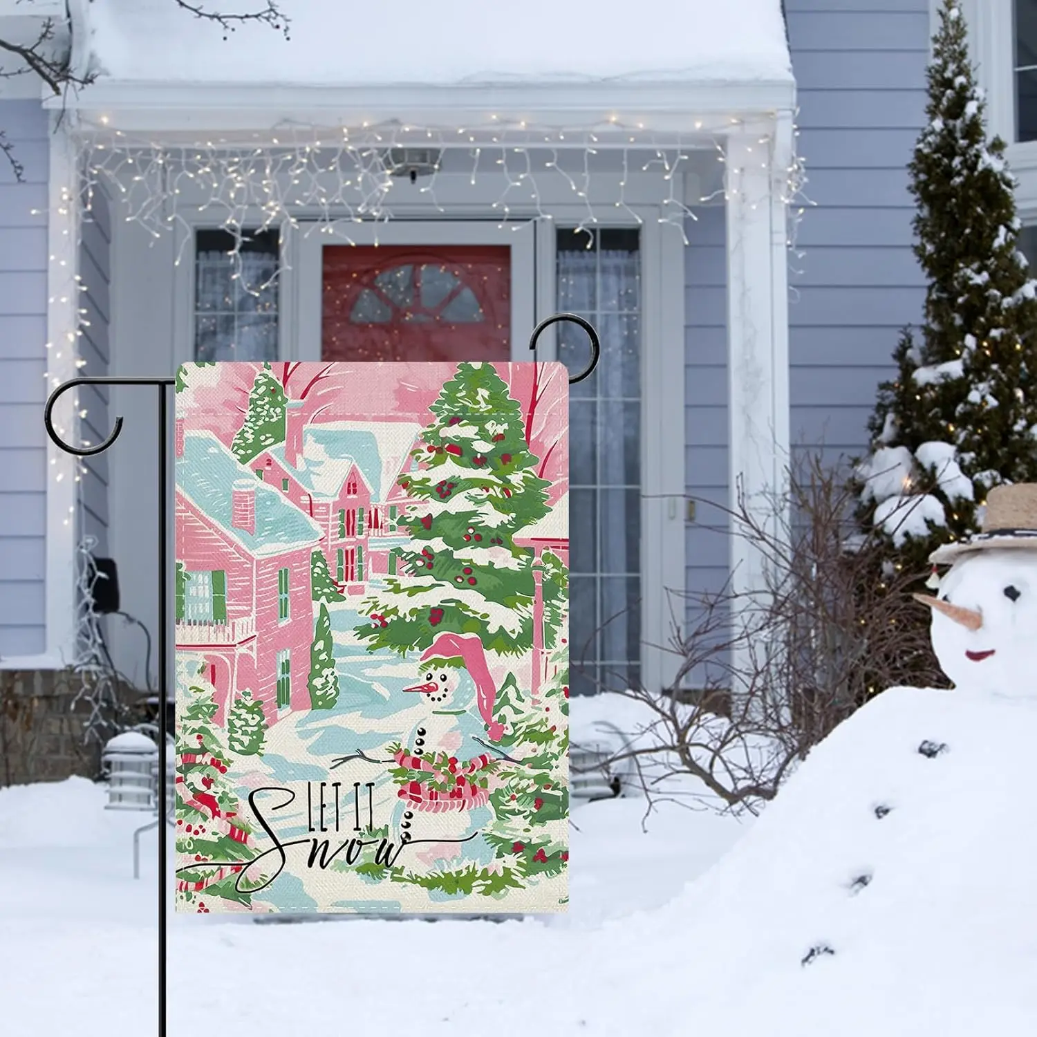 Фото Декоративный садовый флаг Dyrenson Pink Winter Village, украшение для двора с милым снеговиком, рождественское украшение для дома, F GGO №2