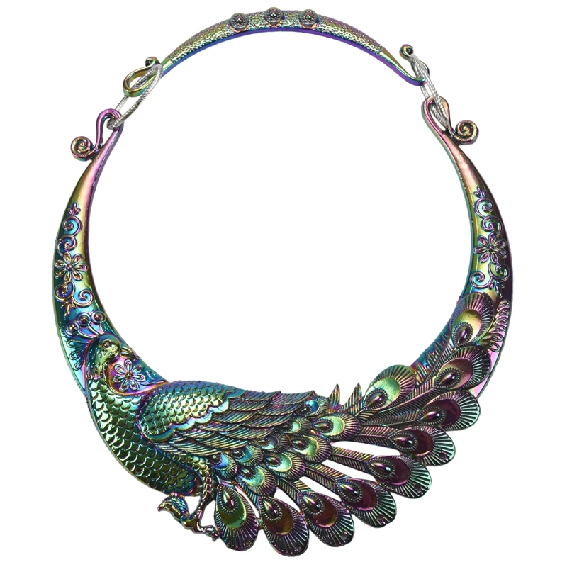 

Retro Ethnic Carved Purple Green Peacock Big Necklace Indian Maxi Jewelry Women Exaggerated Necklace Jewelry