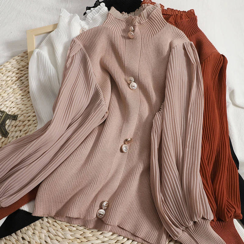

WDMSNA Solid Color Sweater Women Splicing Lantern Sleeve Fungus Pullovers Half-turtleneck Sweater Single-breasted Korean Jumpers