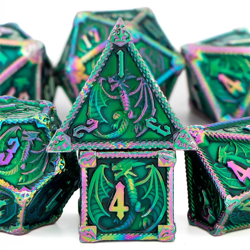 

OUKELANWO 7 Pcs Metal DND Handmade Dice Set Dungeon And Dragon Polyhedral Dice Set Green RPG Role Playing Dice
