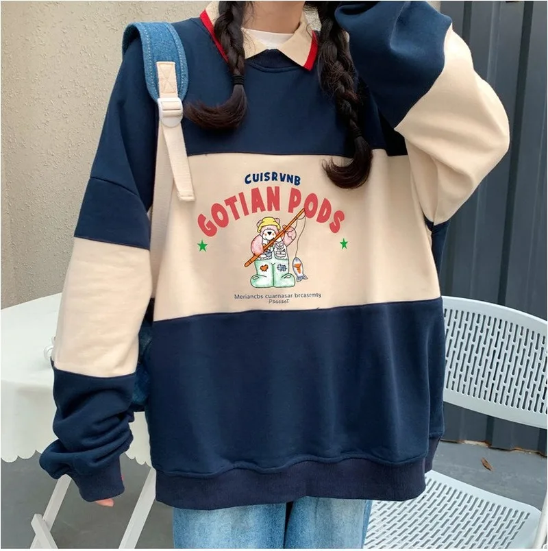 

Lapel Bear Fashion Sweatshirts Women Mid Length Plus Size Pullovers 2023 Spring Autumn New Cottagecore Loose Casual Sweatshirt