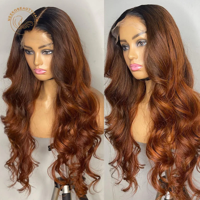 

Transparent Lace Frontal Wigs Ombre 1B Brown Burgundy Ginger Wavy 13X4 Lace Front Wig Colored Human Hair Wigs With Baby Hair