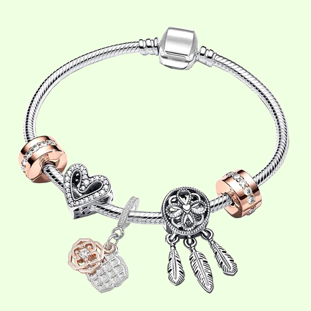 

925 Silver Hand Drawn Heart Dream Catcher Snake Bracelet fit Original Anniversary Romantic Jewelry Gift for Ladies