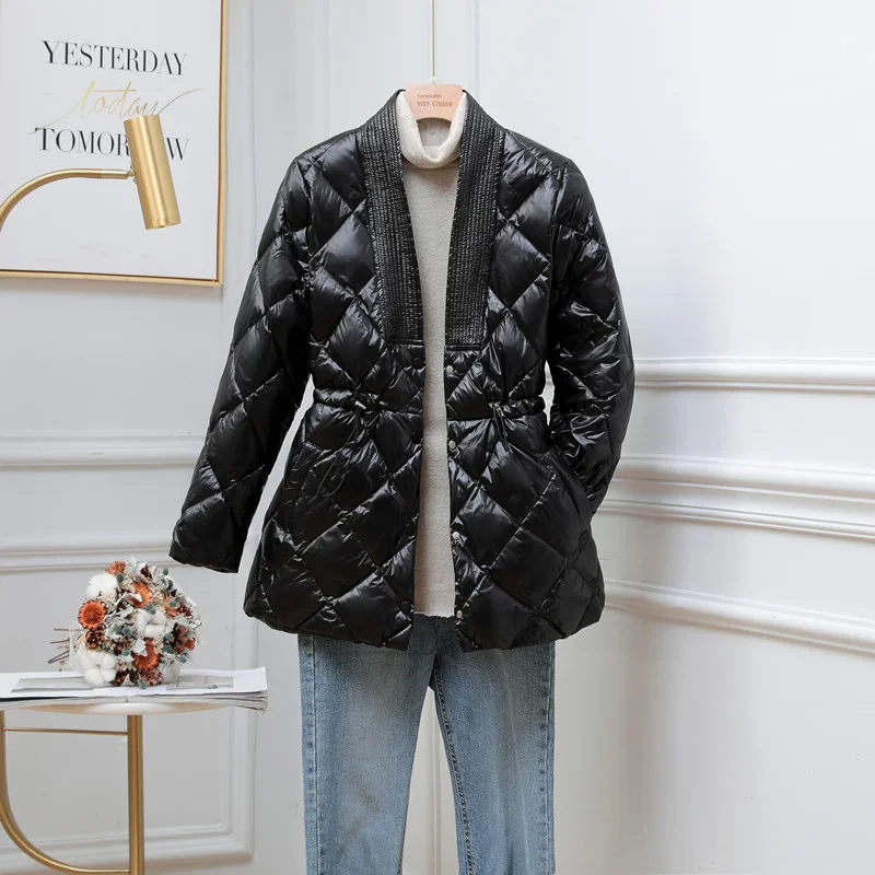 New Style Diamond Cotton Jacket Women's V-neck Korean Style Waist Slimming Ladies Long-sleeved Autumn and Winter Jacket Trend