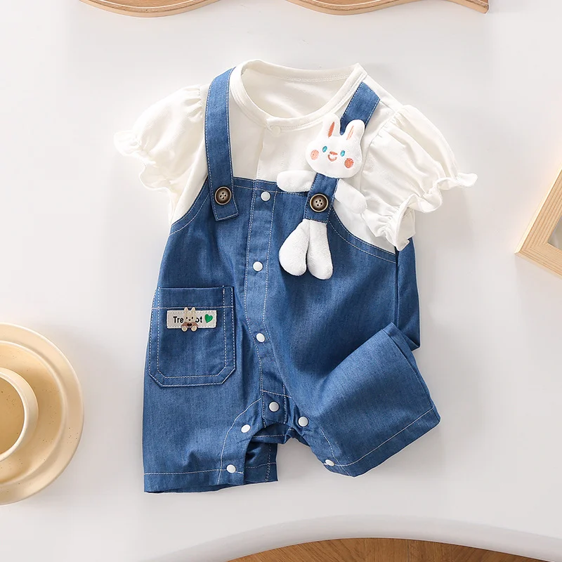 2023 Summer Short Sleeve Jumpsuit Cute Fake Two Pcs Denim Climbing Suit Unisex Baby Casual Baby Boy Clothes Infant Jeans Rompers