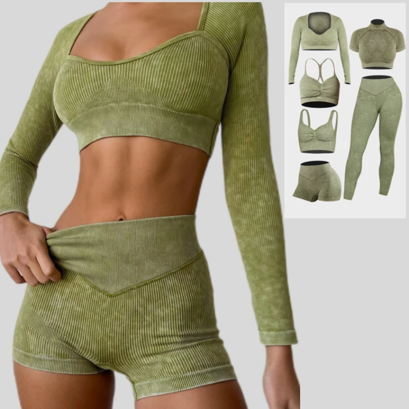 Knitted Workout Set Seamless Washed Bra Crop Top Shorts Set Sport Leggings Workout Outfits Gym Suits Fitness Clothing Women