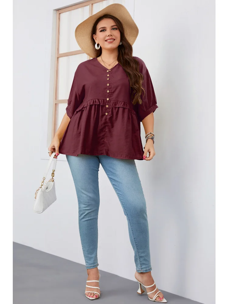 Large Women's Summer Short Sleeve V-Neck Large Shirt Top blusas plus size mujer  roupa plus size feminino