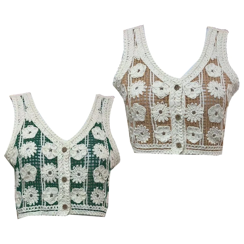 

Summer Crochet Vest Waistcoat Women Hollow Knit Embroidery Floral Crop Cardigan