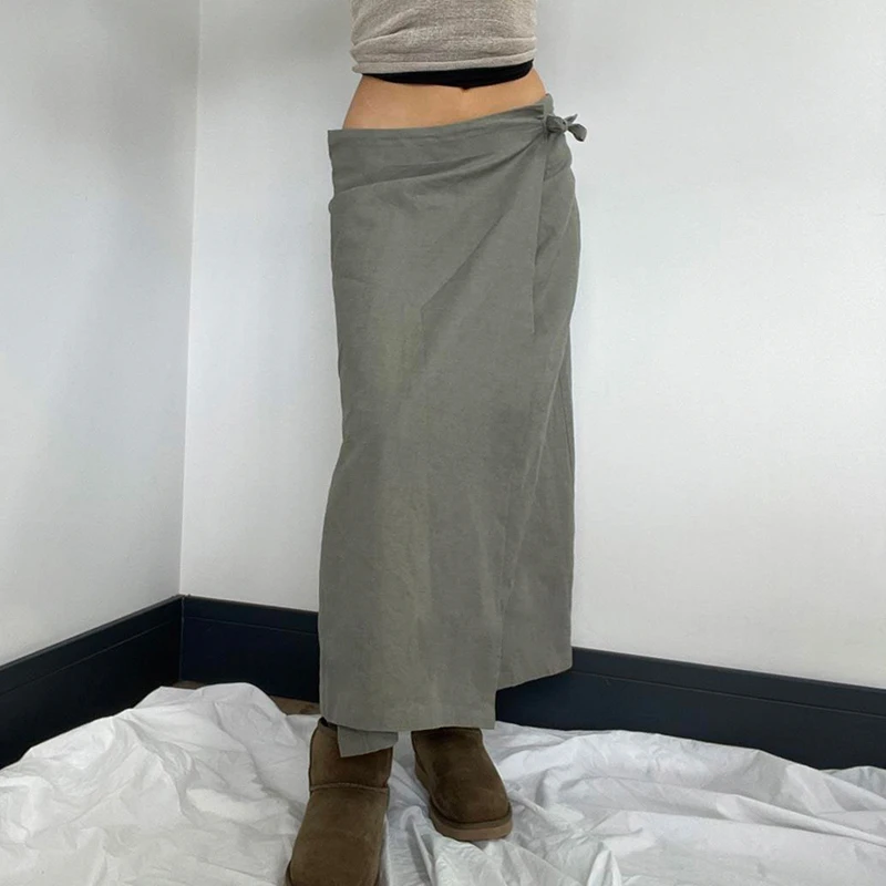 

y2k Cargo Skirt Women Gray Low Waist Asymmetrical Wrap Long Skirt Vintage Aesthetic Solid Color Harajuku Streetwear