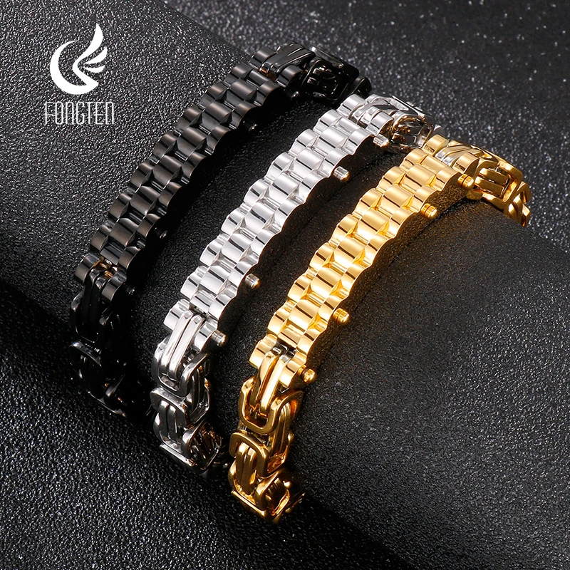 

Fongten Vintage Men's Bracelets Shiny Stainless Steel Box Link Chain Bracelets For Men Trendy Gold Black Silver Color Jewelry