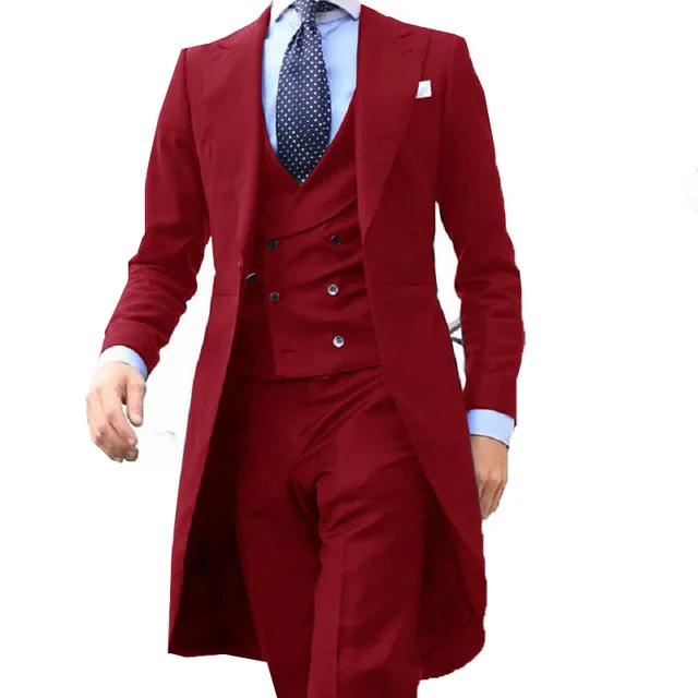 

2022 New Arrivel Long Coat Designs Chinese Red Men Suit Gentle mens Tuxedo Prom Blazer Custom 3 Pieces (Jacket+vest+Pants)