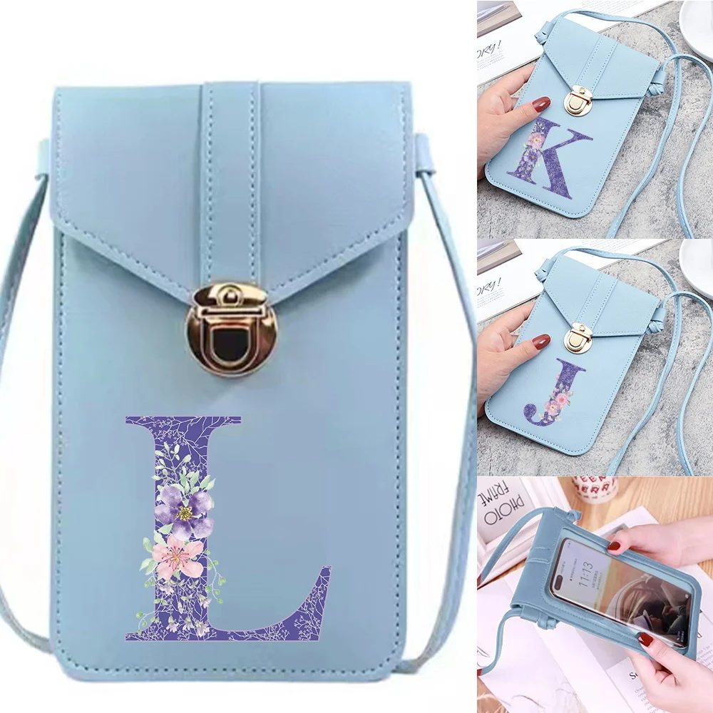 

Женские сумки, кошельки из искусственной кожи, кошелек для сотового телефона с сенсорным экраном, сумка на плечо, женская сумочка с фиолетовым цветочным принтом и надписью