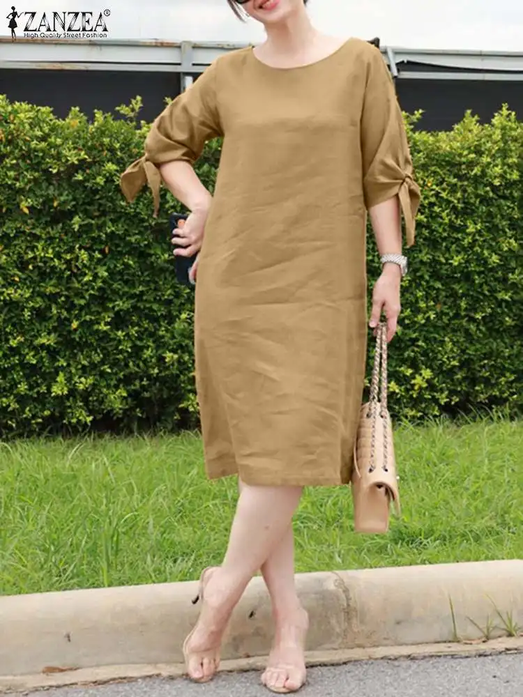 

Женский Повседневный строгий офисный сарафан ZANZEA на шнуровке, летнее однотонное платье большого размера с рукавом 3/4 и круглым вырезом