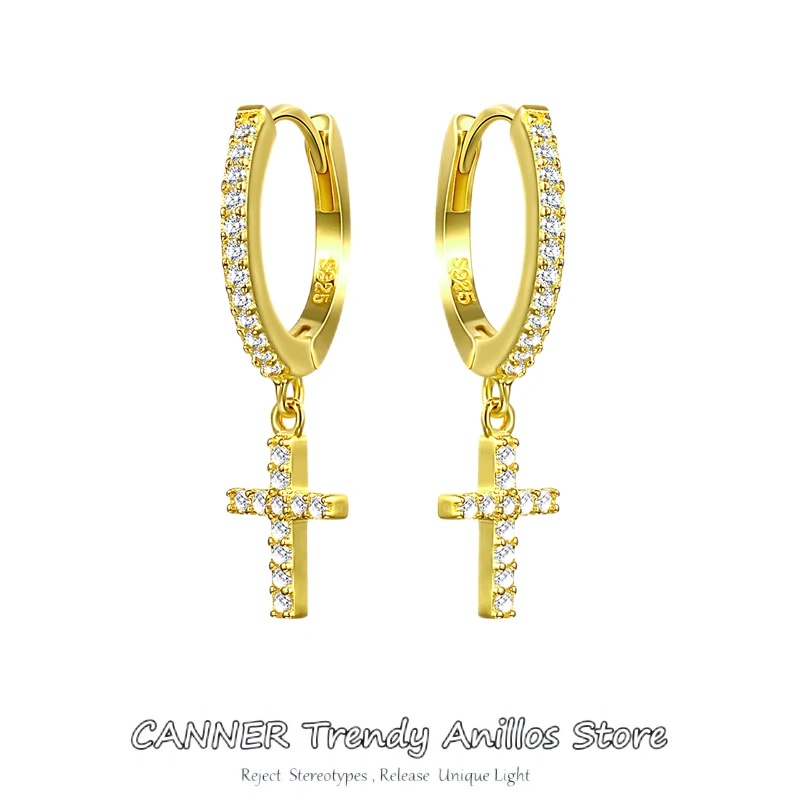 

925 Sterling Silver Geometric Cross Zircon Hoop Earrings for Women Gold Silver color CZ Zircon Lighting Earrings Fashion Jewelry