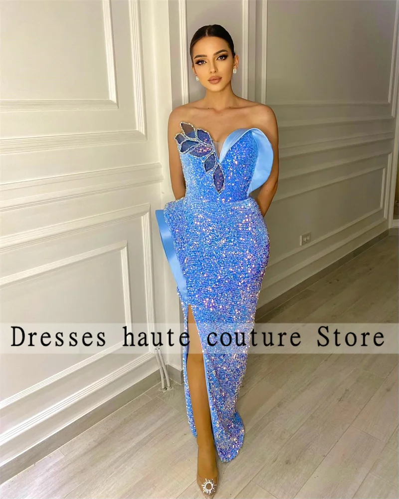 

Женское бархатное платье-русалка, синее элегантное вечернее платье с блестками, разрезом сбоку и оборками, платье без рукавов для выпускного вечера, 2022