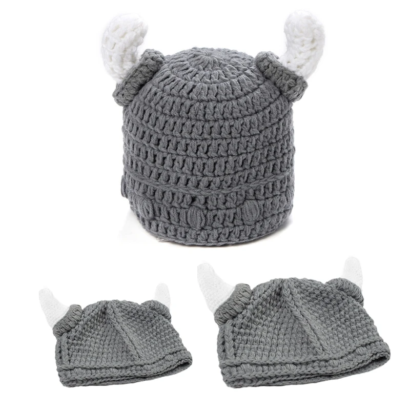 

2023 New Adult Kids Handmade Crochet Knitted Beanie Hat Cute Funny Ox Horn Parent-Child Barbarian Viking Stretchy Skullies Cap