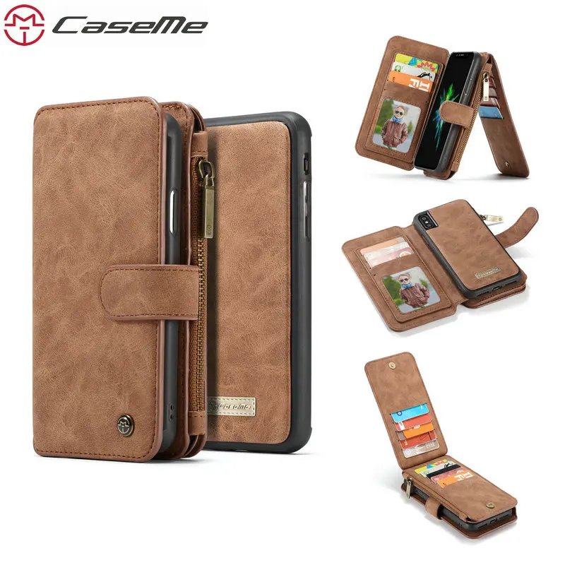 

CaseMe Case For iPhone SE 5 5S Handmade PU Leather Large Capacity Detachable Zipper Wallet Cover For iPhone X 8 7 6 Plus Case