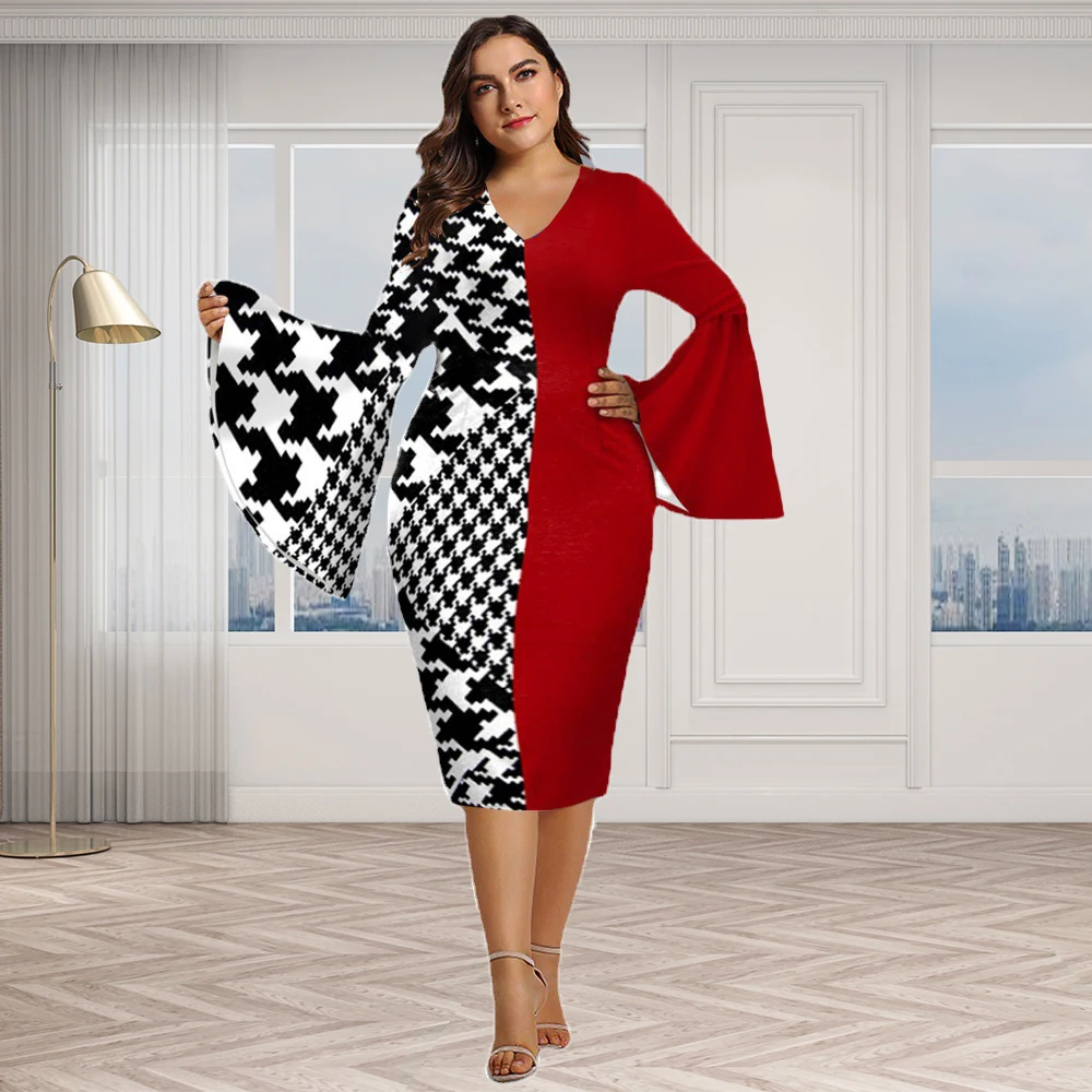 

Fashion Plus Size Women Clothing Sexy V Neck Horn Sleeve Solid Color Color Matching Casual Elegant Midi Dresses Wholesale