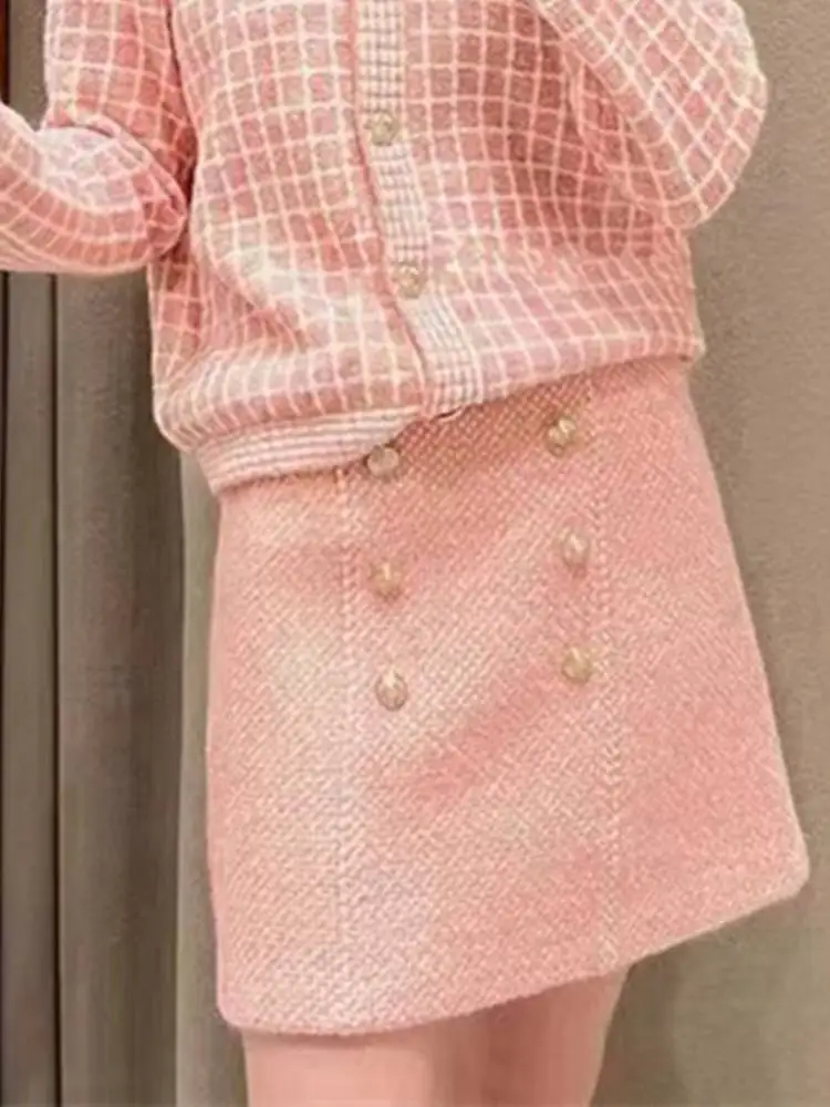 

2022 Autumn and Winter New Pink and White Women Slim Double-breasted Straight Tweed Skirt